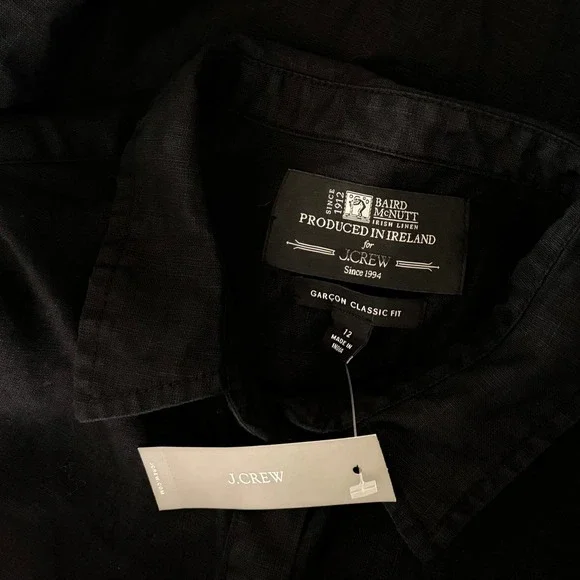 NWT!! J. CREW Garçon Classic Shirt Baird McNutt Irish Linen Solid Black Size 12